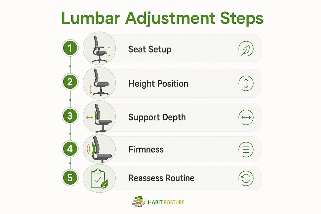 Infographic showing five lumbar support adjustment steps