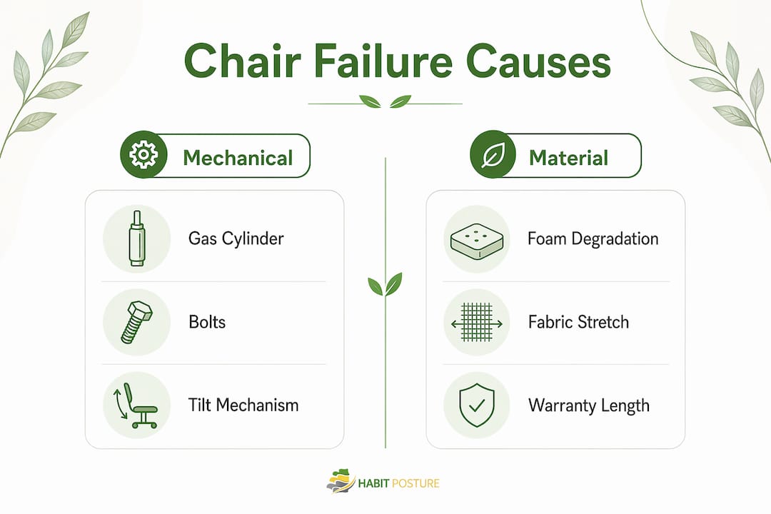 Infographic comparing mechanical and material failure causes in chairs