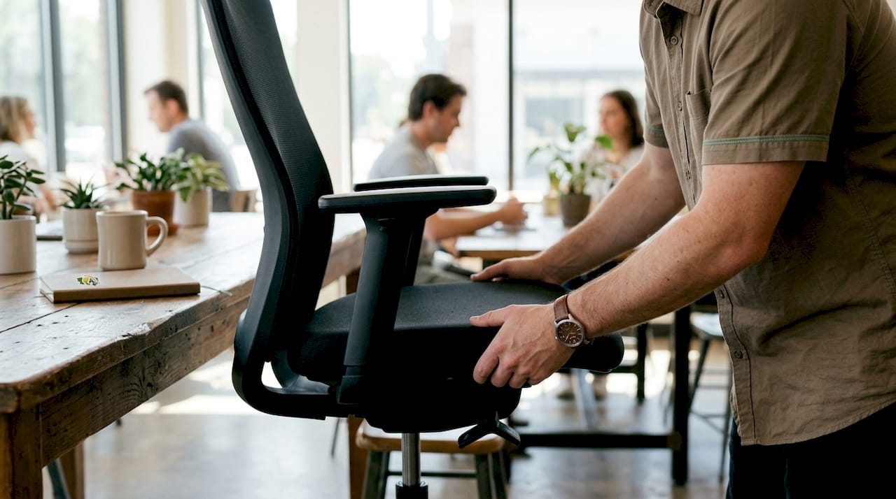Close-up of hands adjusting office chair seat depth