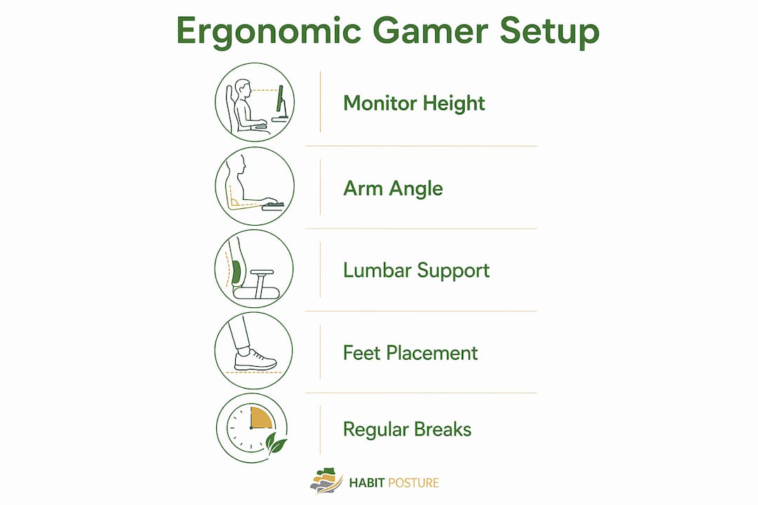 Infographic displaying ergonomic gaming posture steps