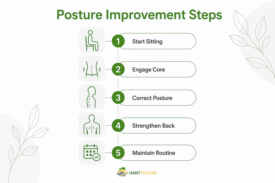 Infographic depicting posture improvement steps with a balance cushion