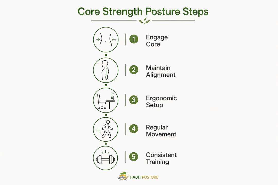 Infographic showing five steps linking core strength and posture