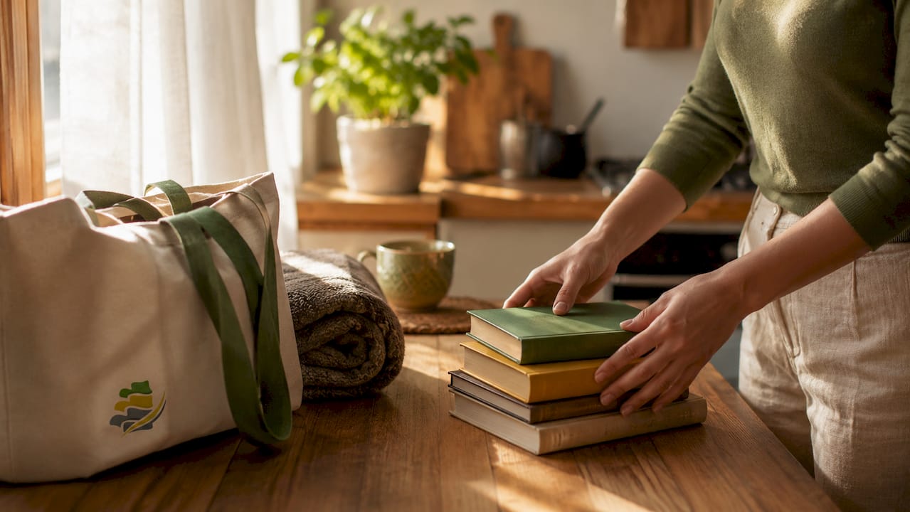 Hands setting books for ergonomic laptop screen