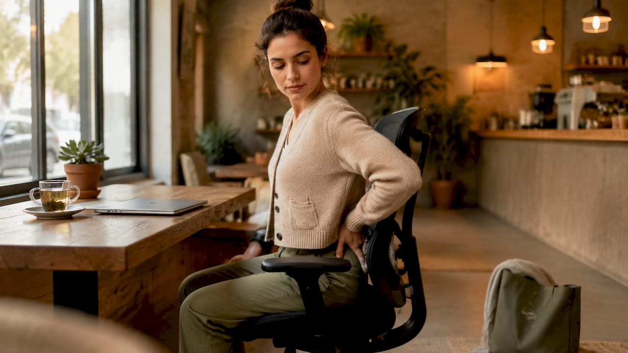 Woman adjusting ergonomic office chair for posture