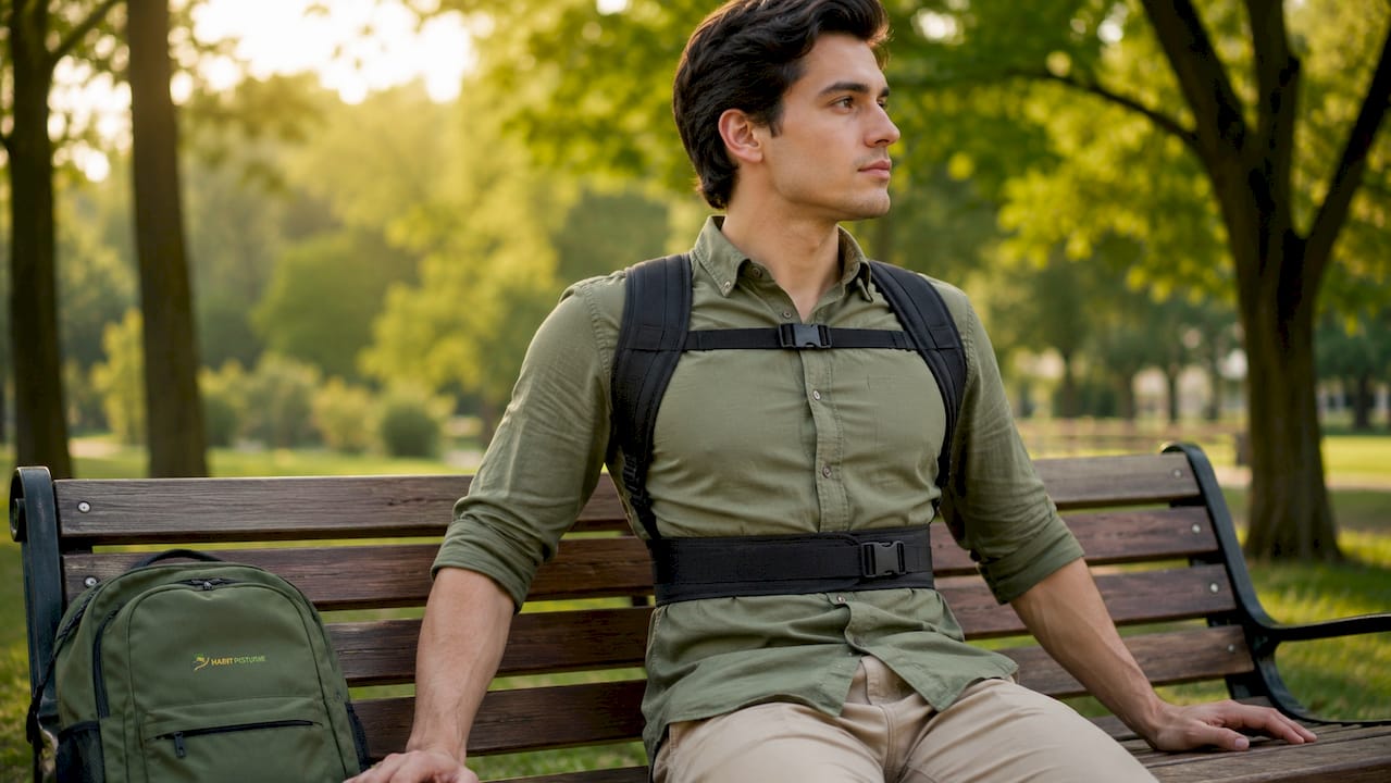 Close-up of man’s posture brace pulling shoulders