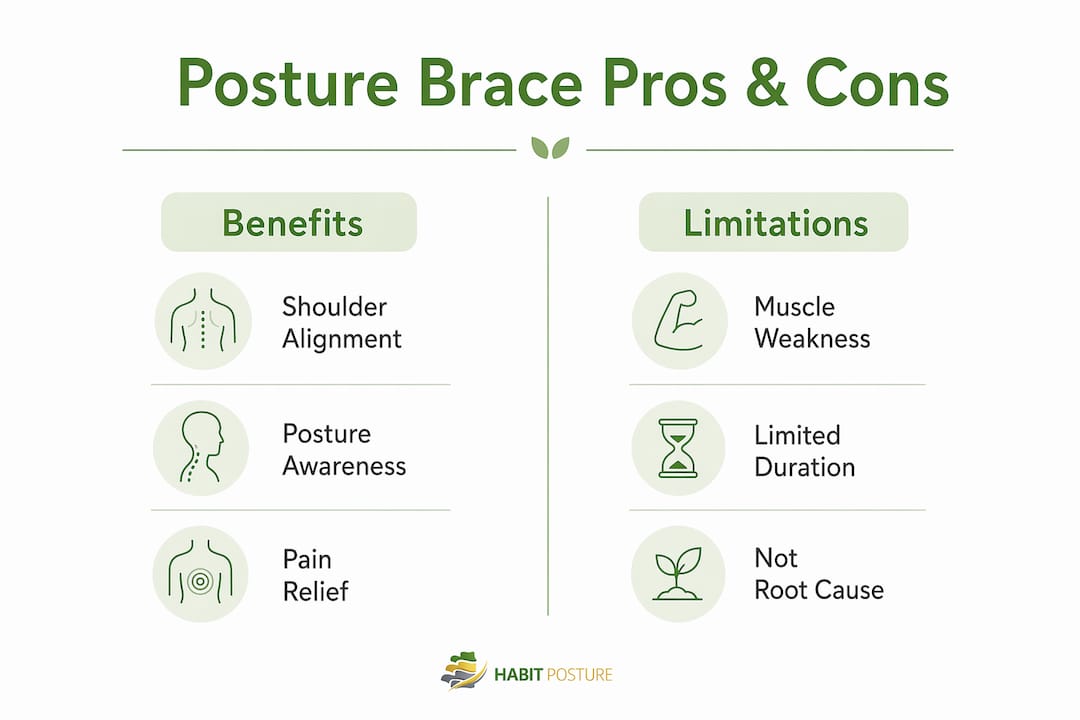 Infographic comparing benefits and limitations of posture braces