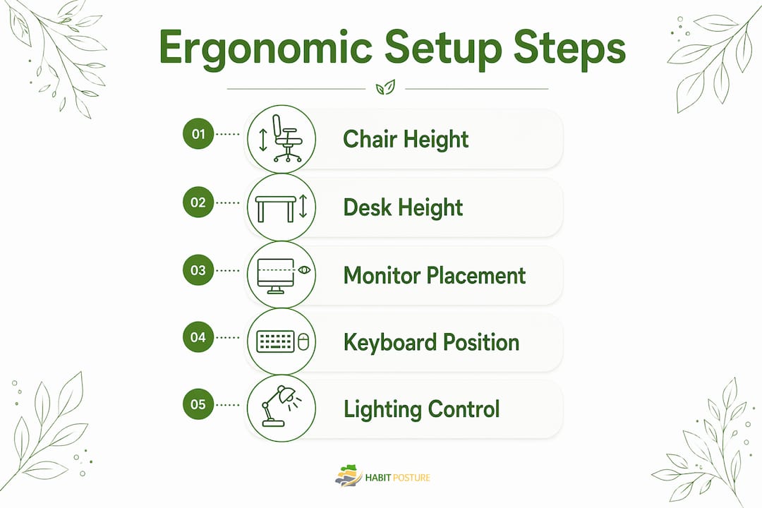 Infographic showing ergonomic workstation setup steps