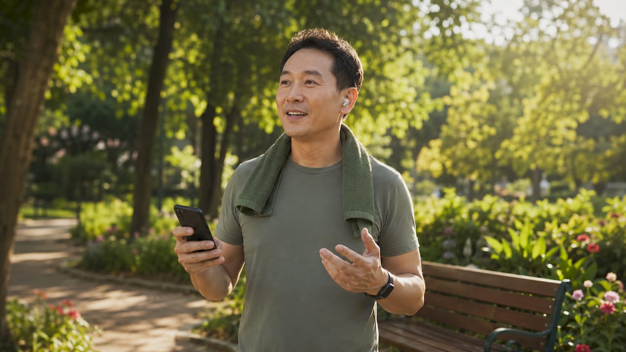 Man walking with wireless headset upright posture
