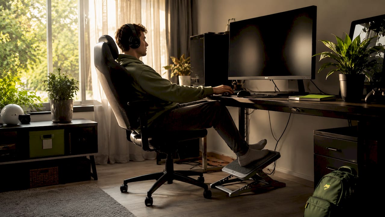Gamer using adjustable footrest with tilt