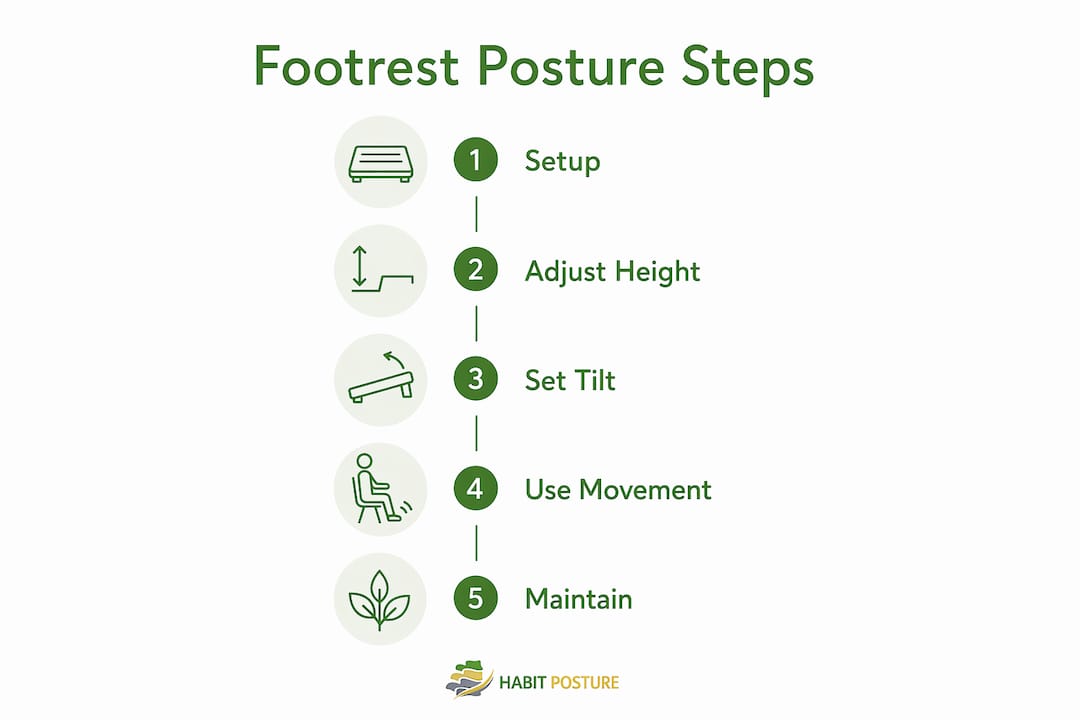 Infographic illustrating footrest posture adjustment steps