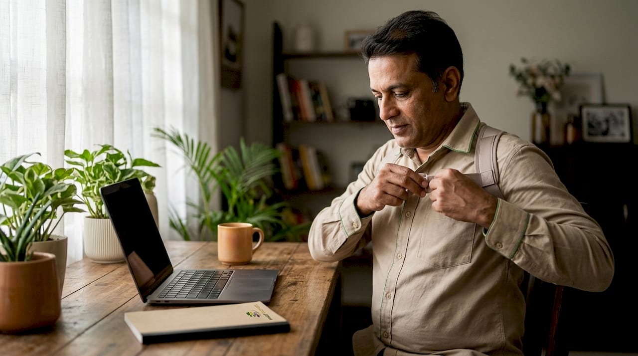 Man adjusting posture brace at desk