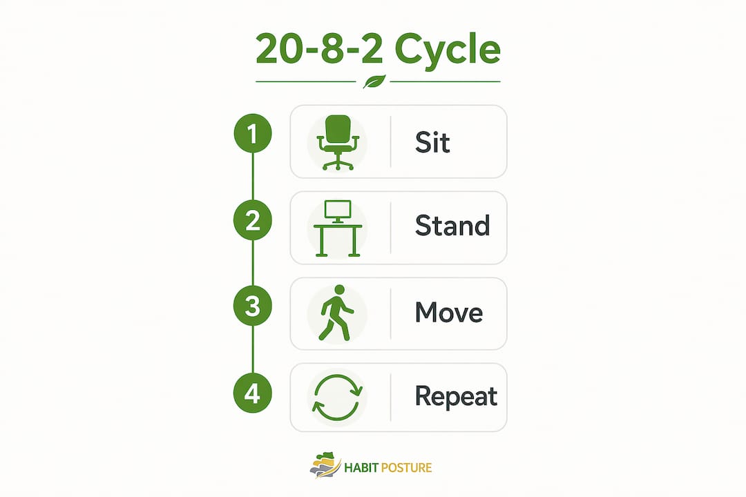 Infographic illustrating the 20-8-2 ergonomic movement cycle