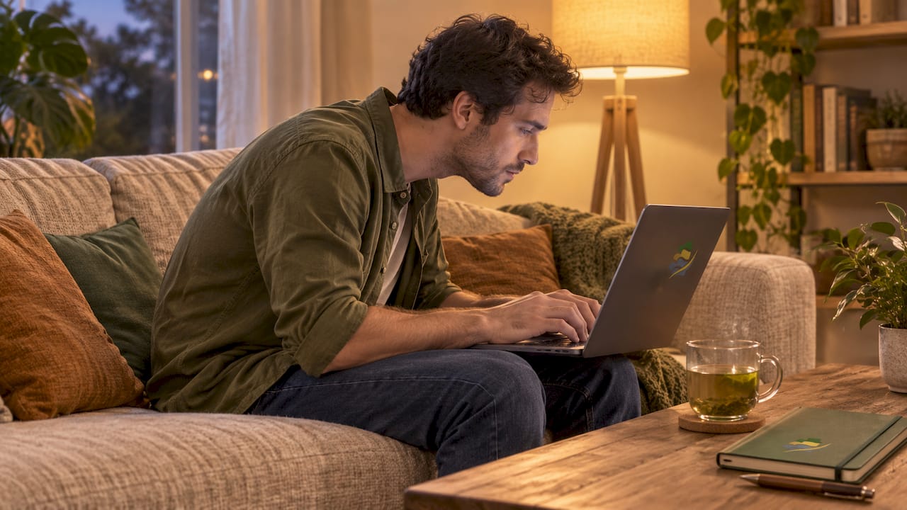 Side profile showing forward head posture at workstation