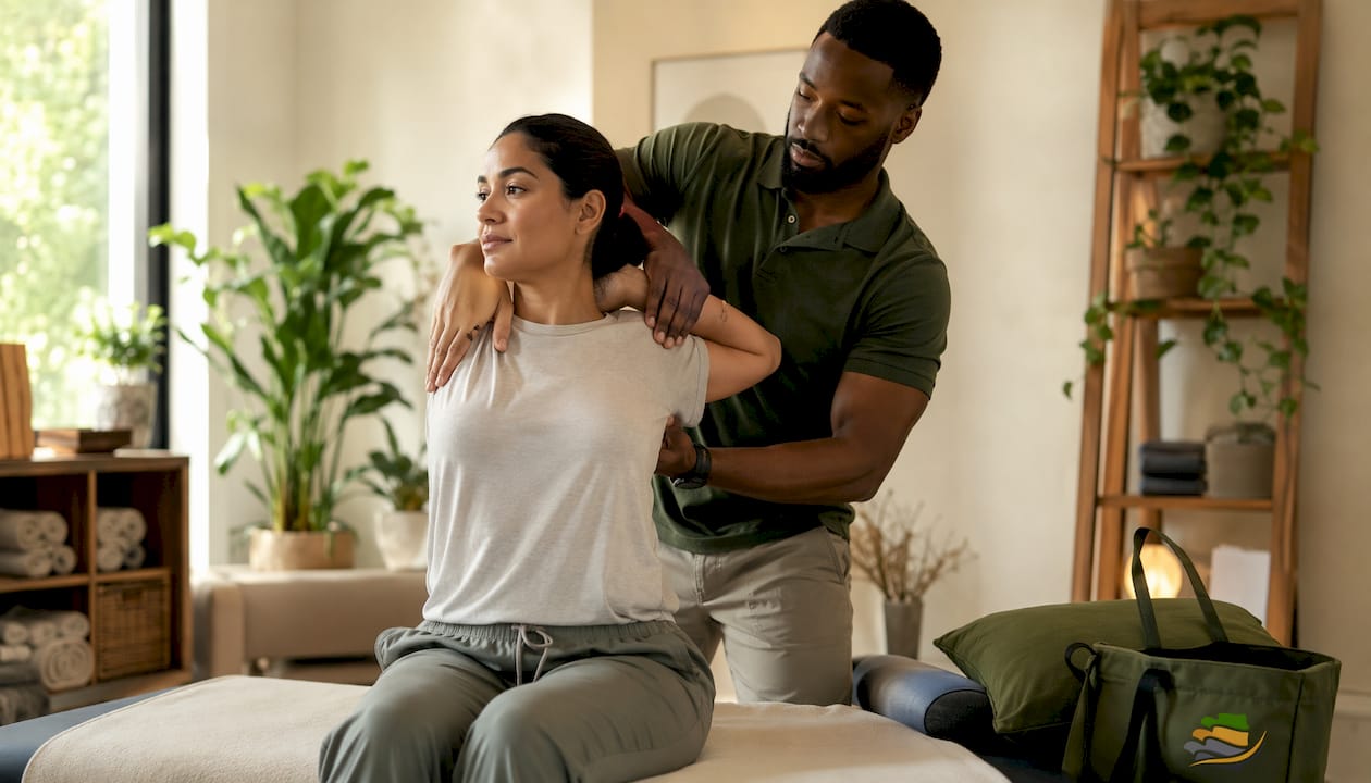 Physical therapist guiding manual therapy session