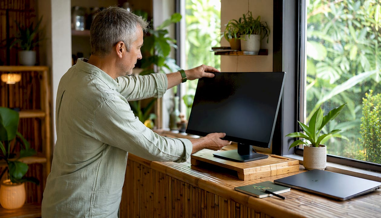 Man adjusting ergonomic monitor setup