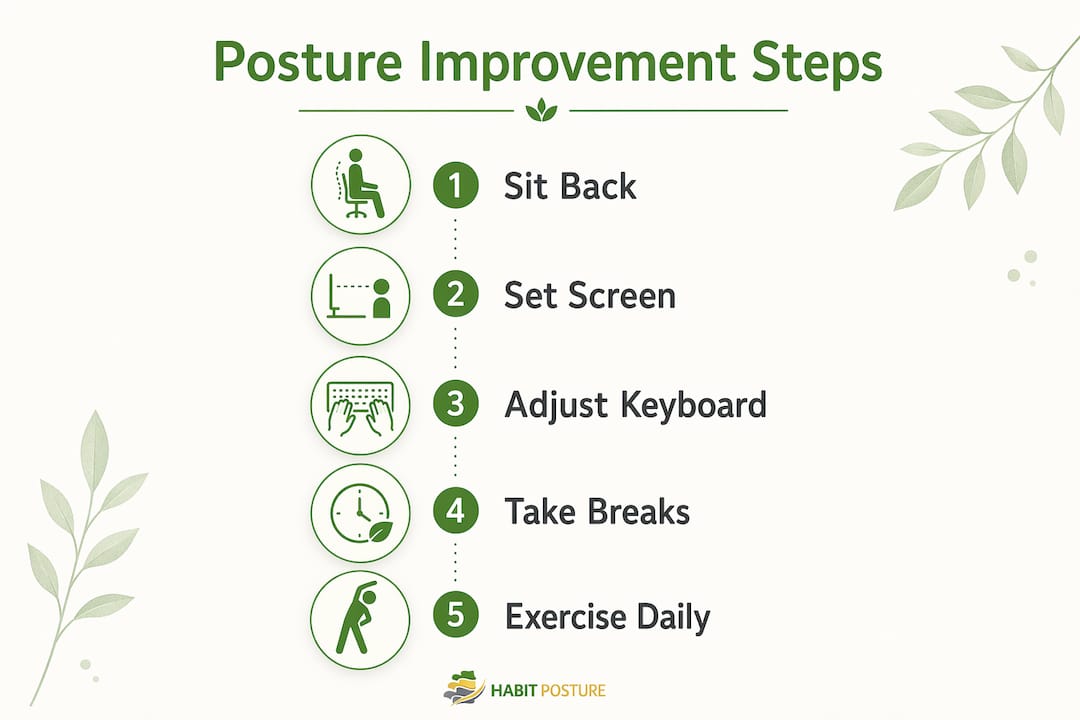 Infographic illustrating steps to improve workplace posture