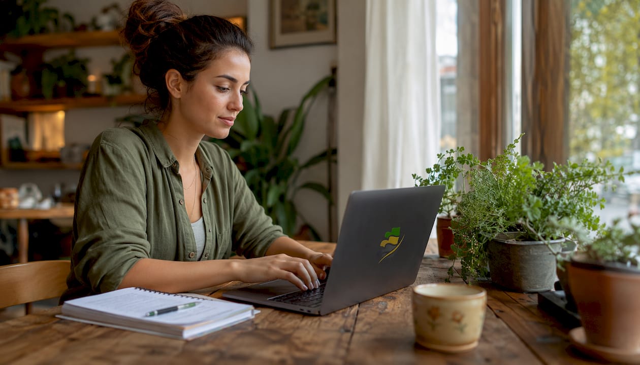 Hands typing near laptop at coworking space