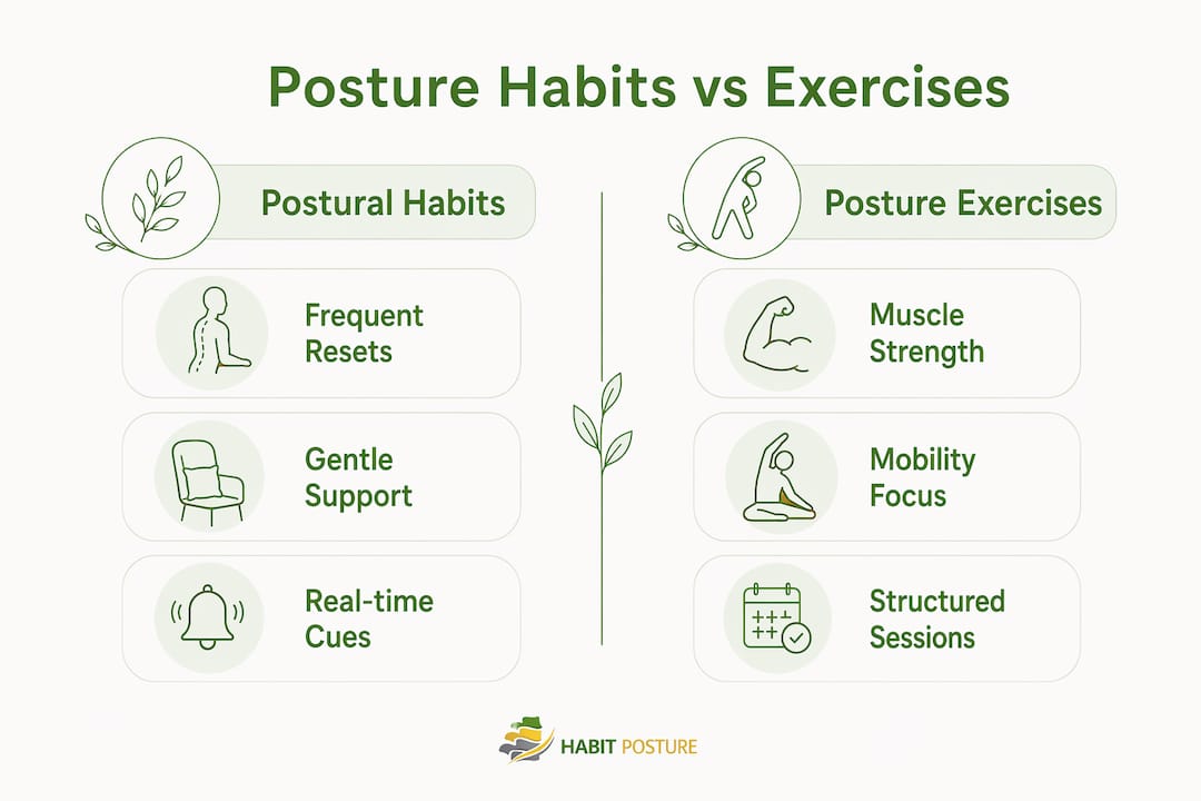 Comparison infographic of postural habits and exercises