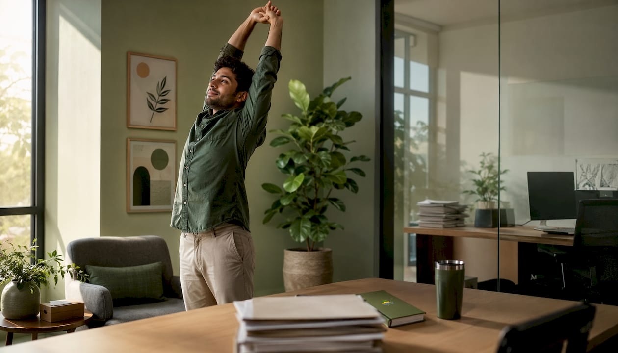 Employee stretching beside cubicle workstation
