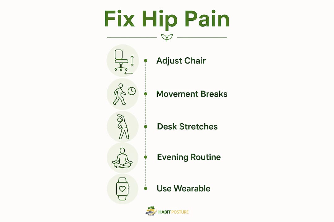Infographic outlining steps to fix hip pain sitting