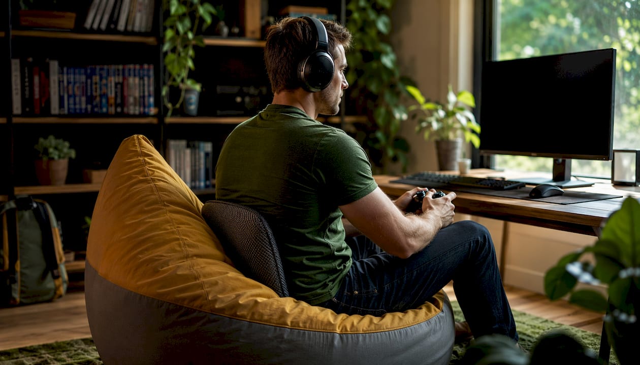 Male gamer adjusting lumbar support on chair