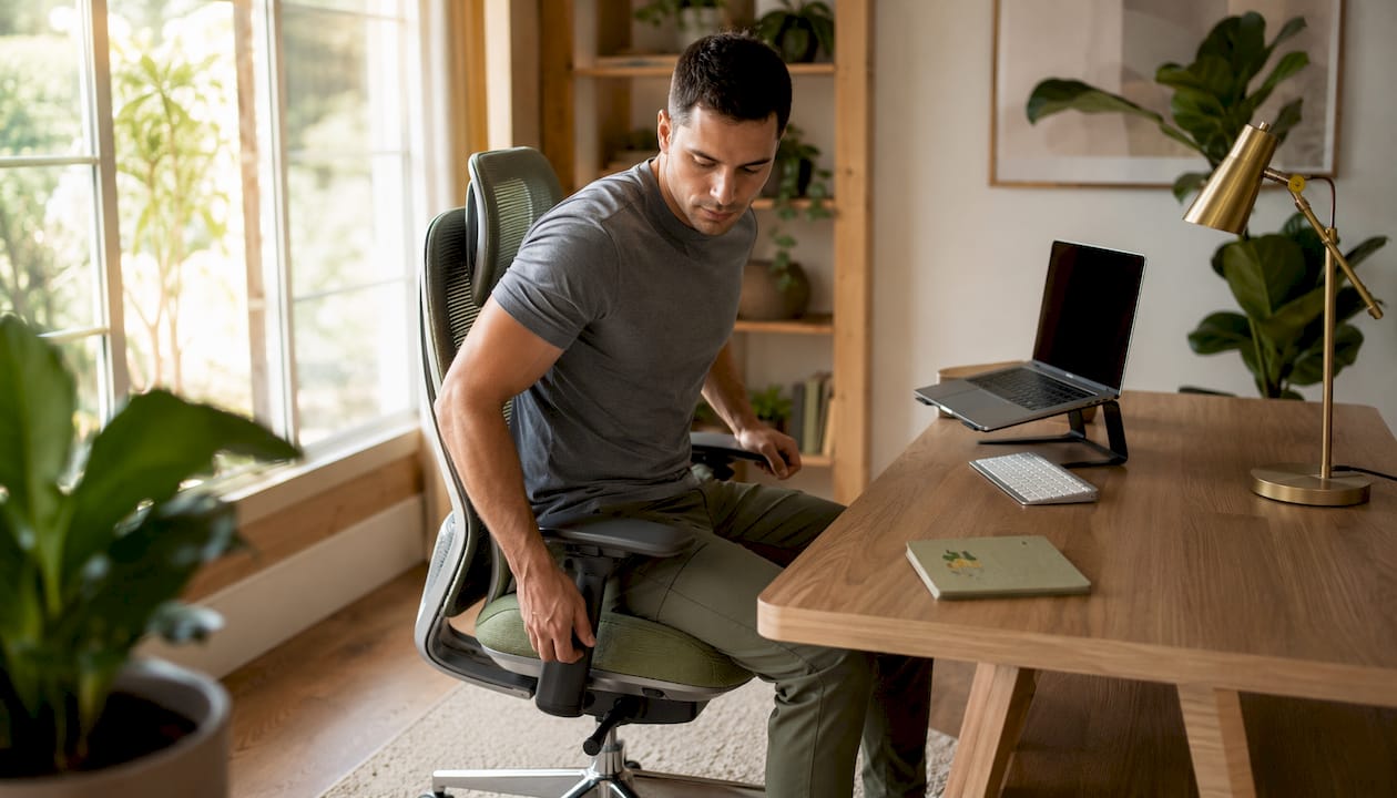 Man setting ergonomic monitor height in office