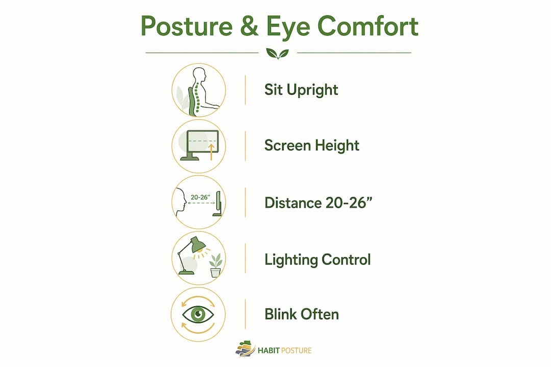 Infographic illustrating key steps to reduce eye strain with posture