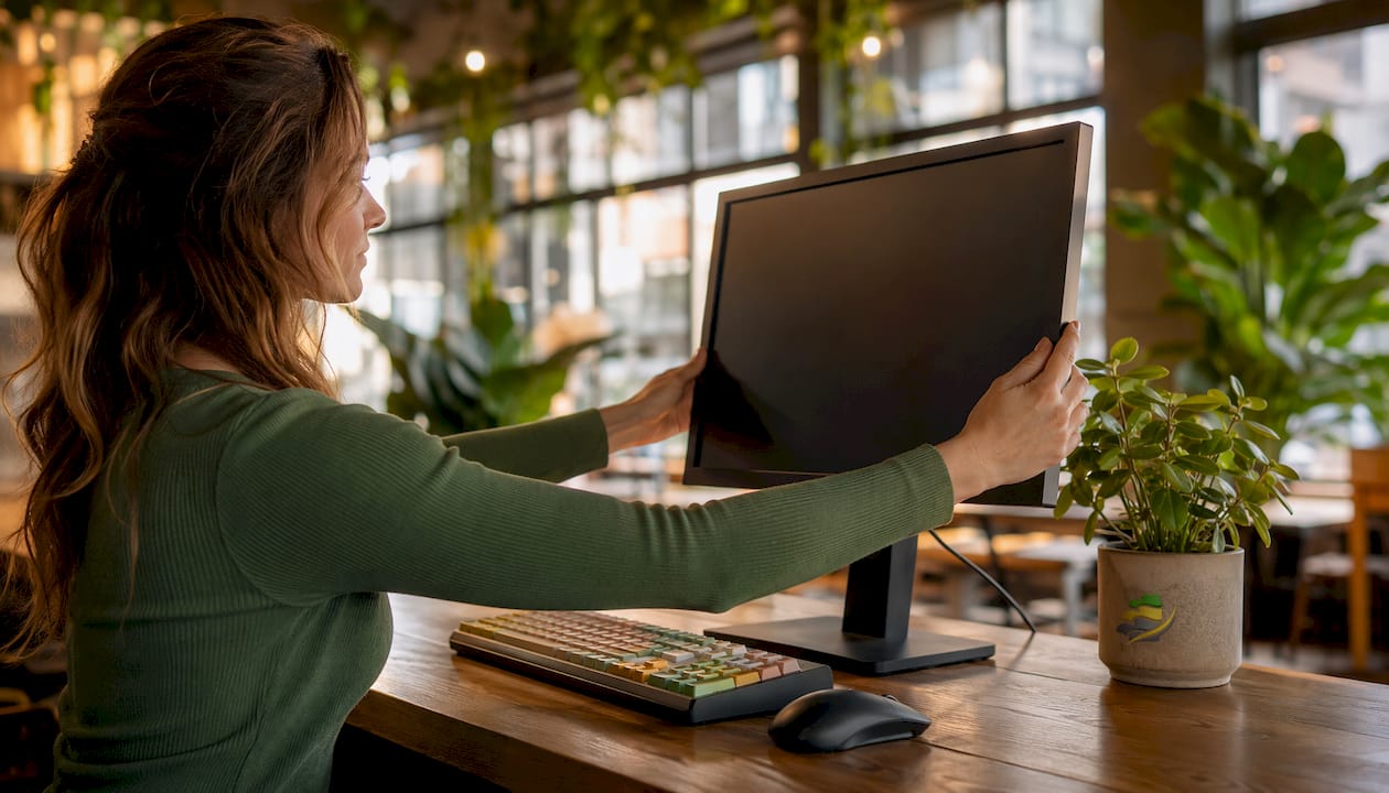 Hands adjusting gaming monitor height