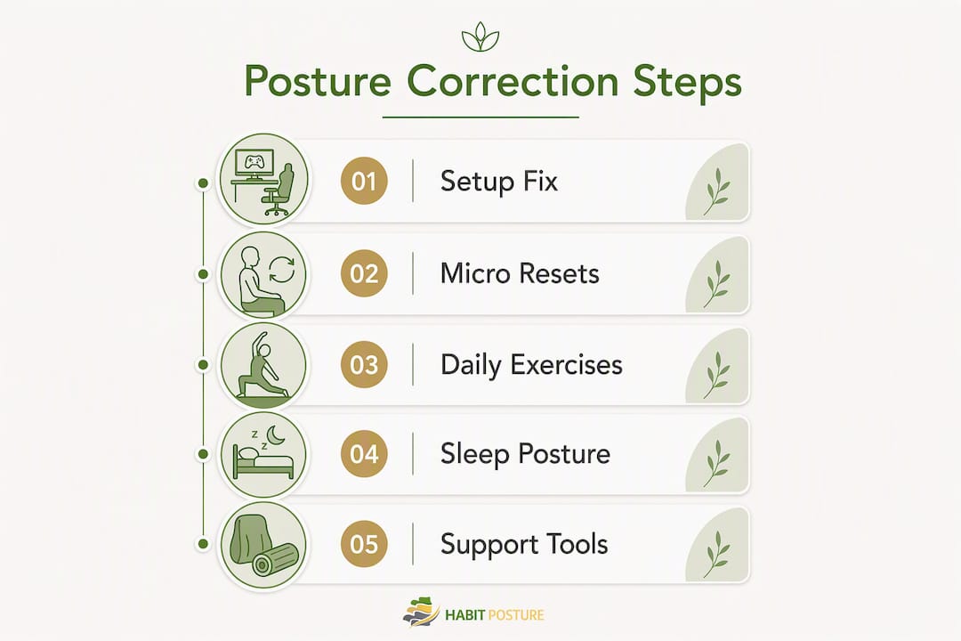 Infographic illustrating posture correction steps
