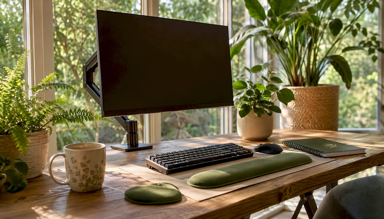 Overhead view of ergonomic monitor arm and desk setup