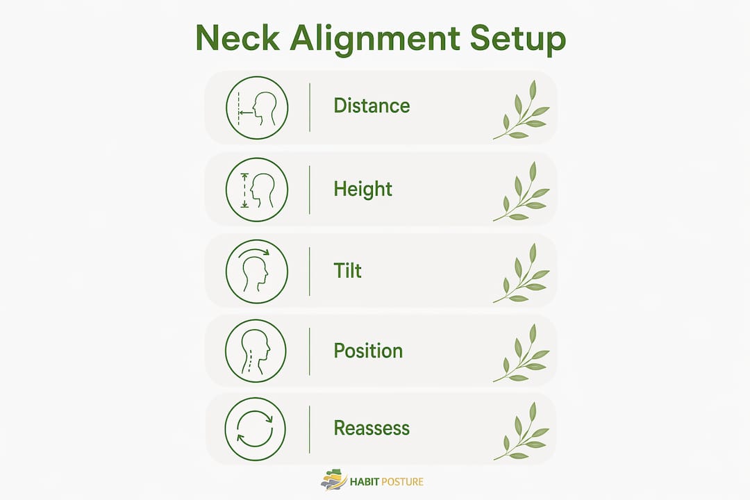 Infographic illustrating five-step neck alignment setup process