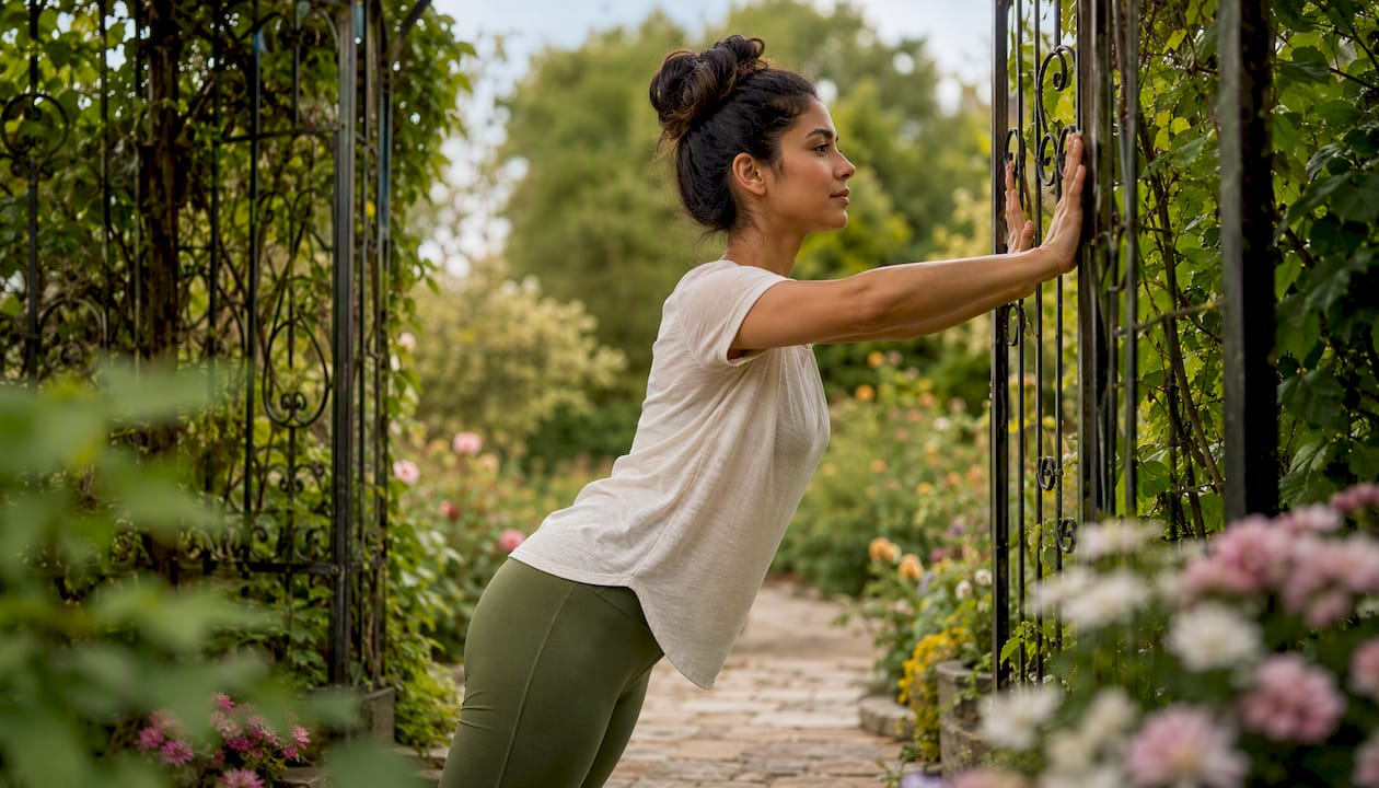 Woman doing doorway forearm chest stretch