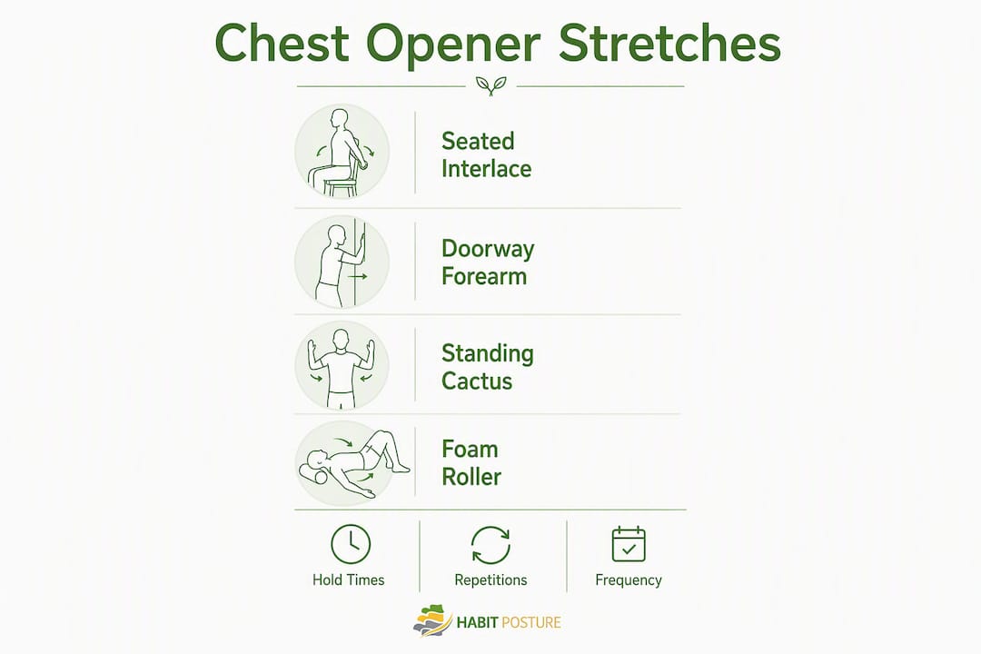 Infographic detailing chest opener stretches steps and timing