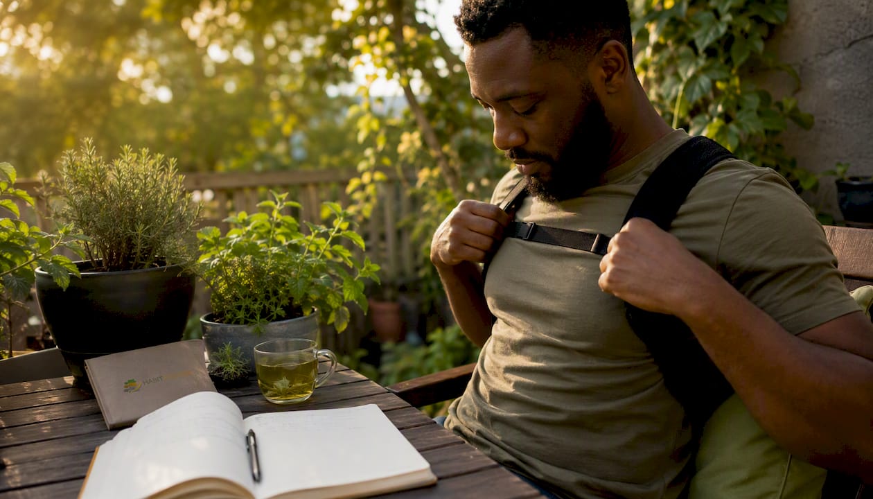 Man adjusting posture wearable device