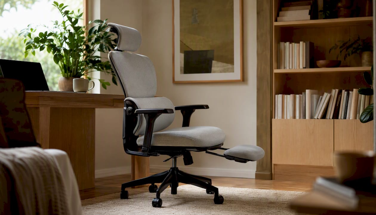 Close-up ergonomic chair with lumbar support and footrest