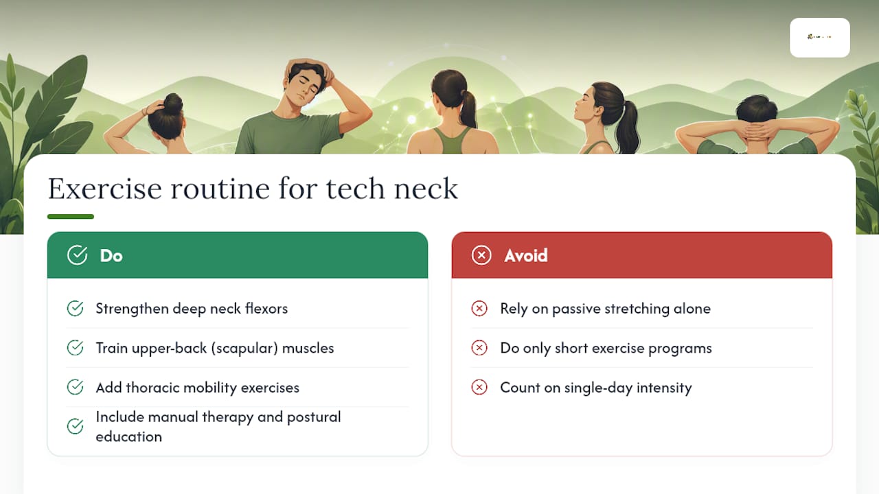 Diagram of exercise routine benefits for tech neck