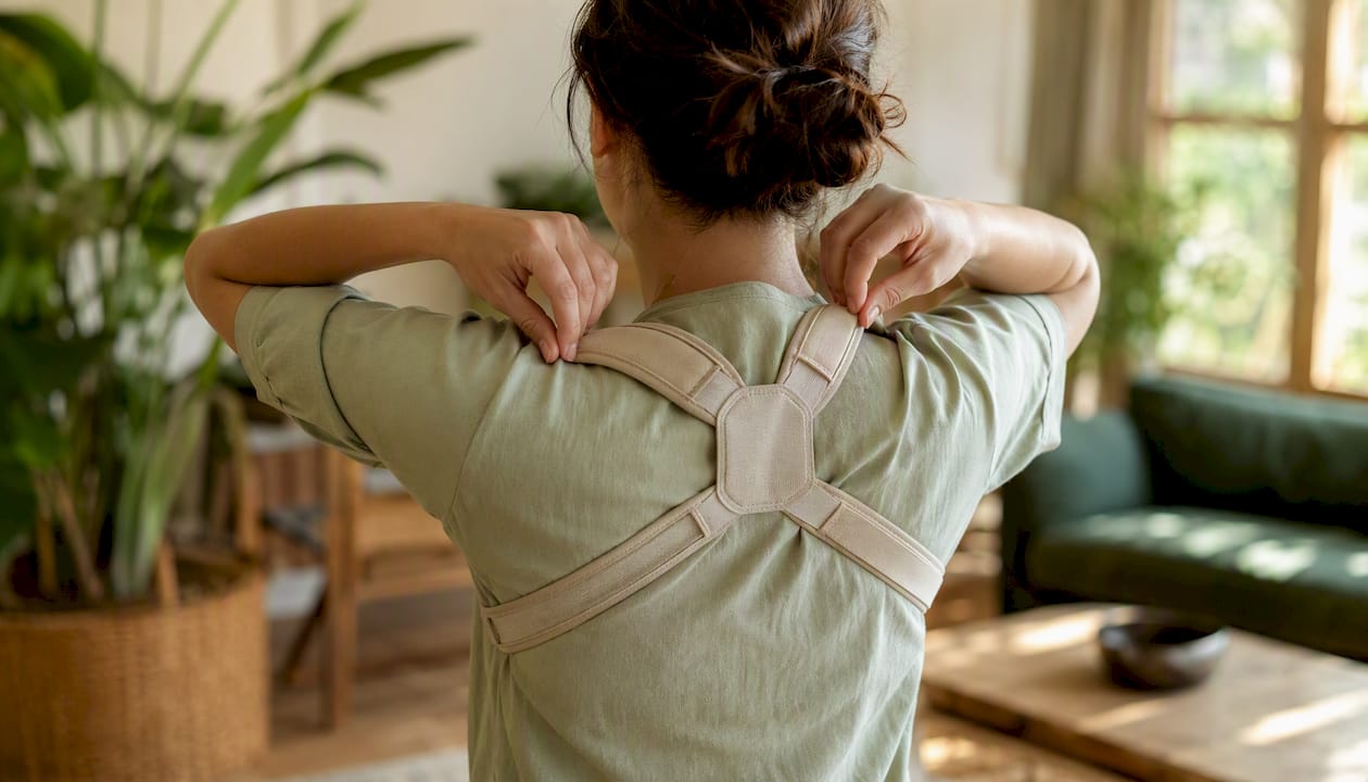 Hands adjusting posture corrector strap