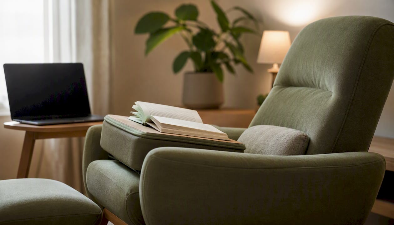 Semireclined chair with open book and lap desk