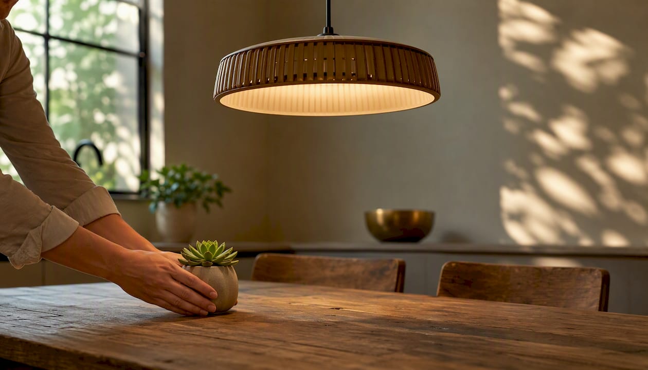Pendant light softly illuminating kitchen table