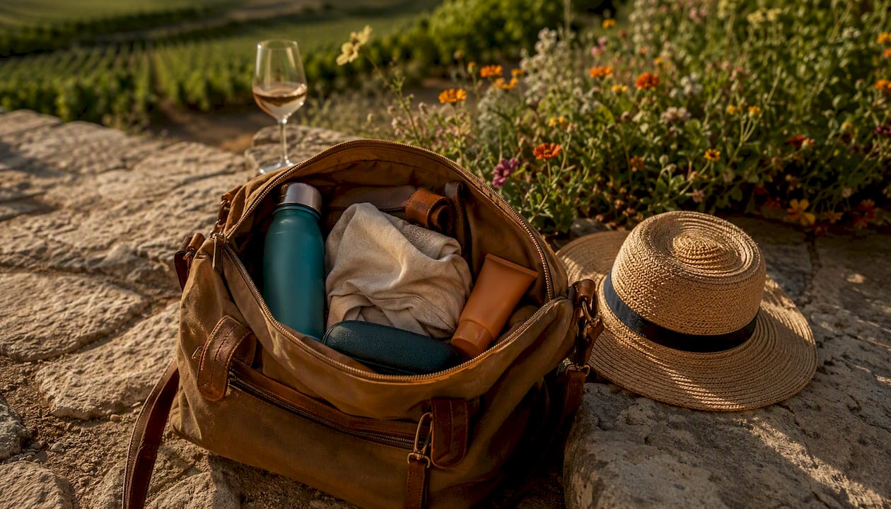 Day bag with wine tour essentials on bench