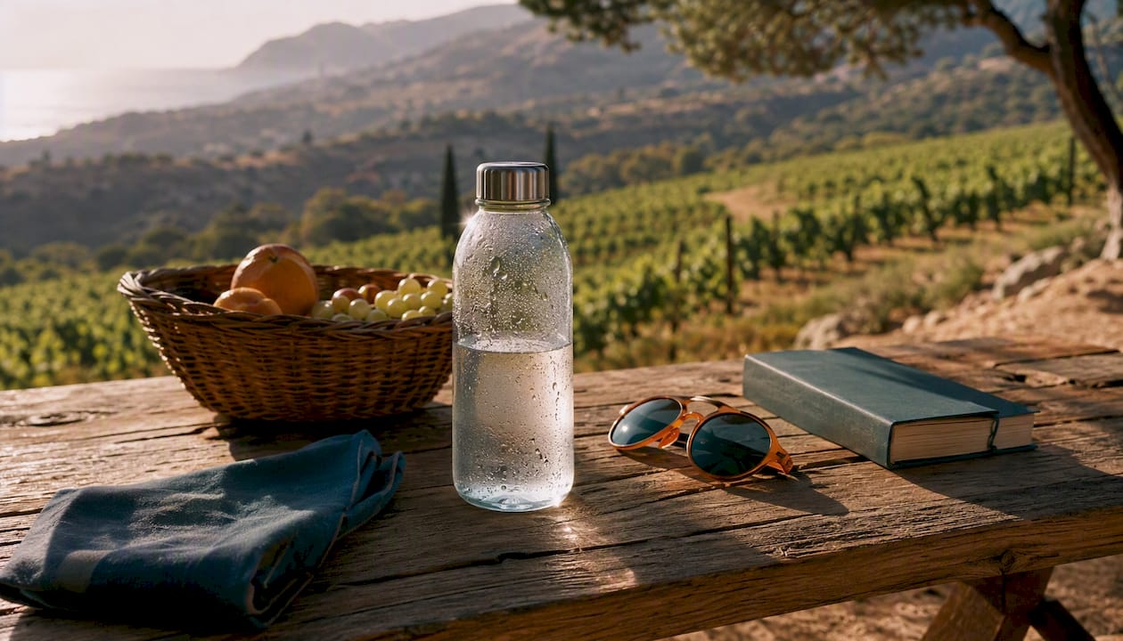 Reusable water bottle on picnic table outdoors