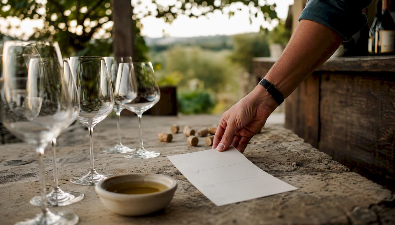 Hand placing blank tasting card near wine glasses