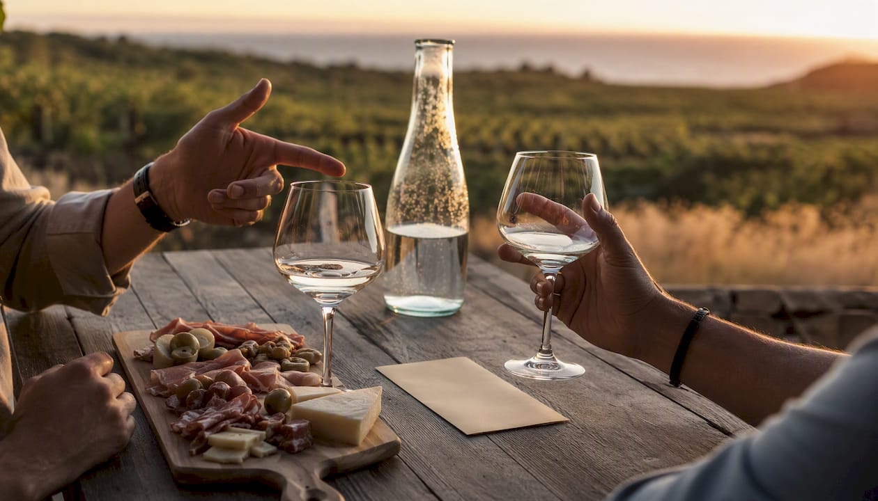 Hands gesturing disagreement with wine glasses and tasting notes