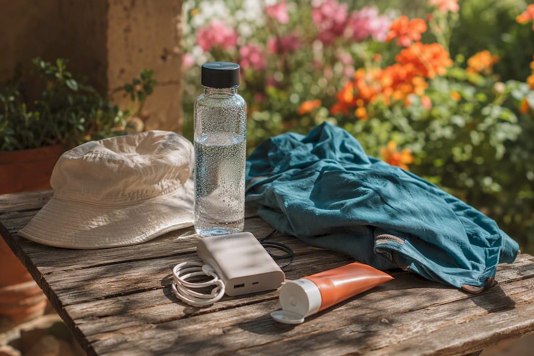 Essential items packed for island day trip