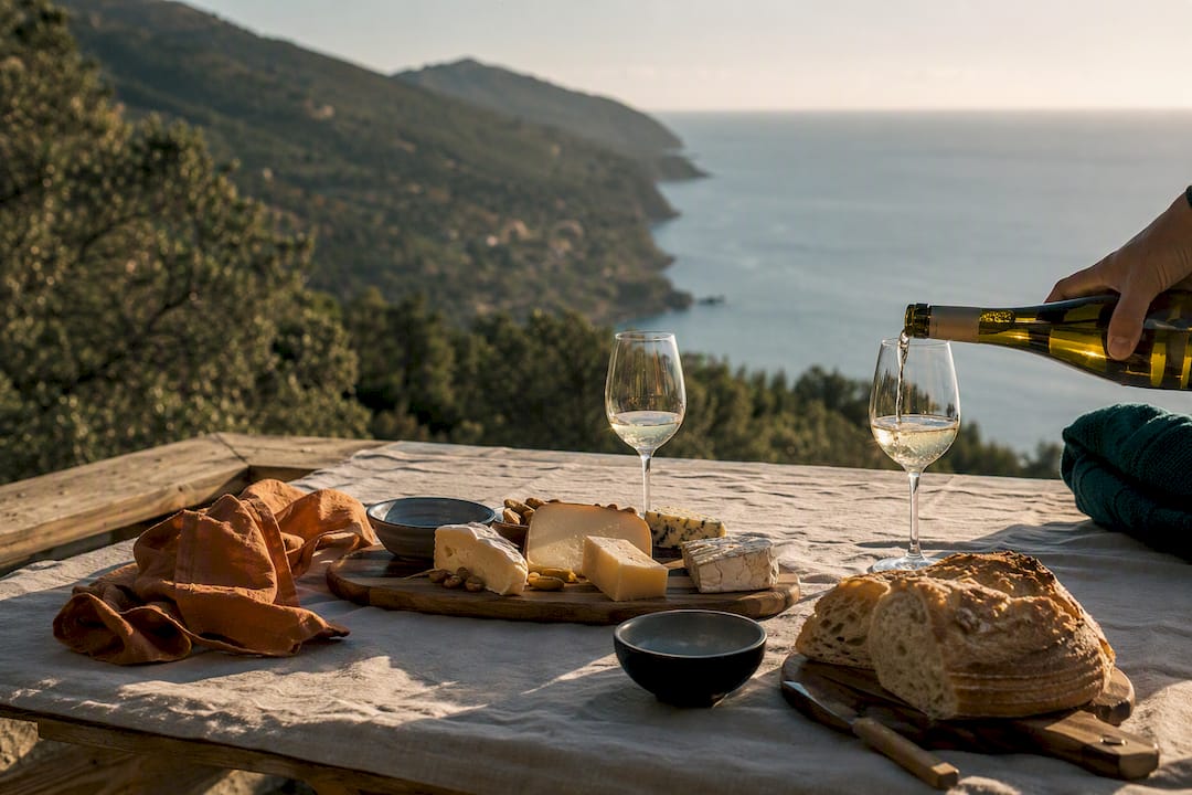 Picnic with wine and gourmet food on coastal terrace