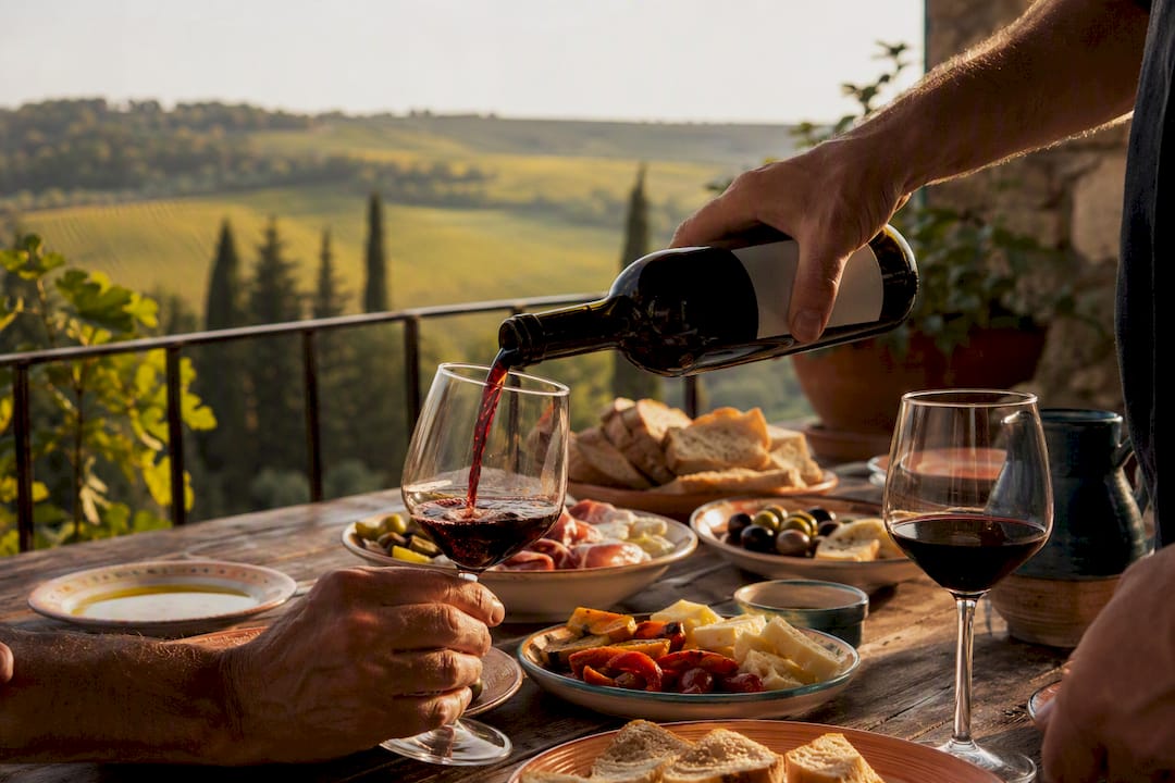 Hand pouring red wine beside cheese platter