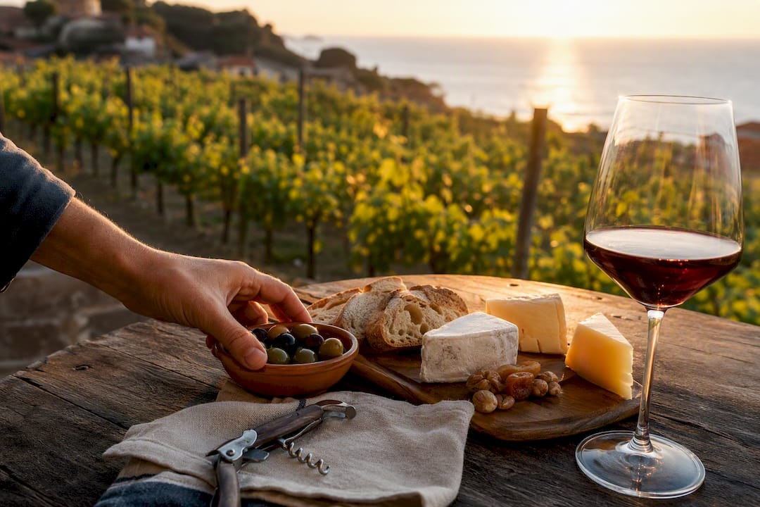 Hand arranging gourmet cheeses and wine on vineyard terrace