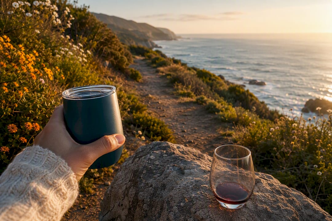 Hand holding wine flask on coastal walking path