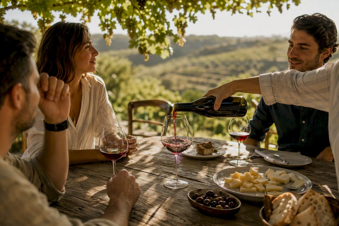 Hands pouring wine at small group vineyard tasting