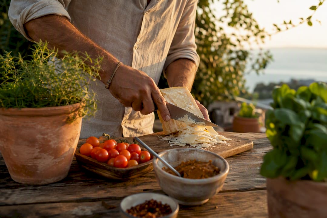 Chef slicing aged parmesan cheese